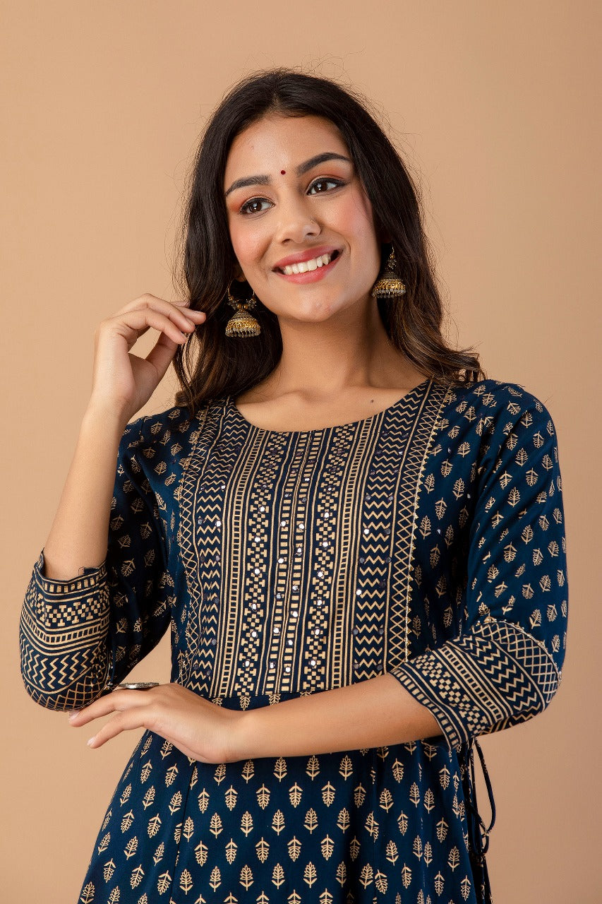 Juniper Navy Rayon Festive Wear Foil Printed A-Line Long Dress | Grocsy
