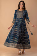 Juniper Navy Rayon Festive Wear Foil Printed A-Line Long Dress | Grocsy