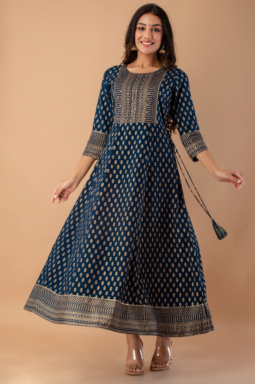 Juniper Navy Rayon Festive Wear Foil Printed A-Line Long Dress | Grocsy
