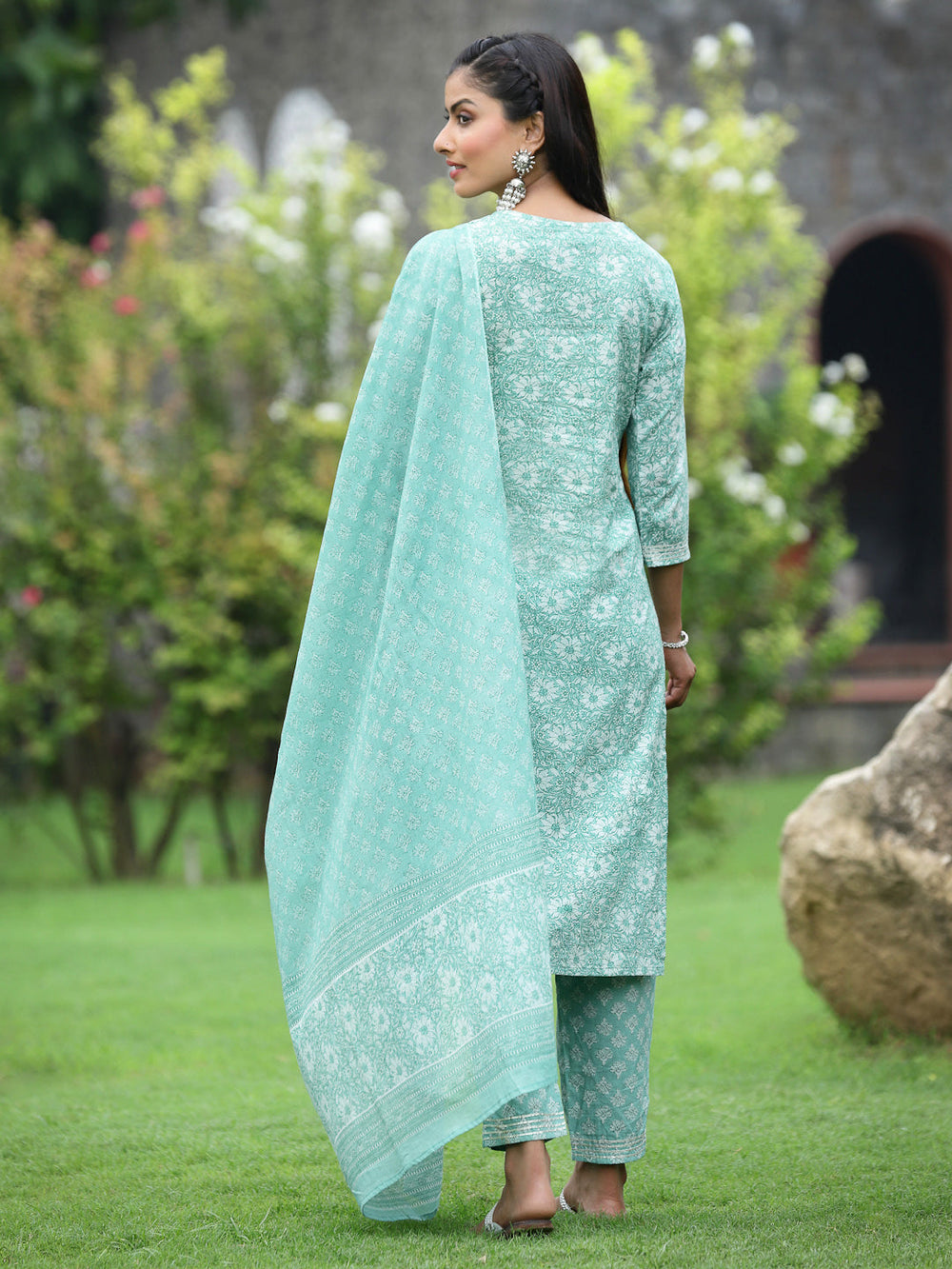 Juniper Women's Blue Cotton Cambric Festive Printed Kurta Set | Grocsy