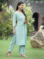 Juniper Women's Blue Cotton Cambric Festive Printed Kurta Set | Grocsy