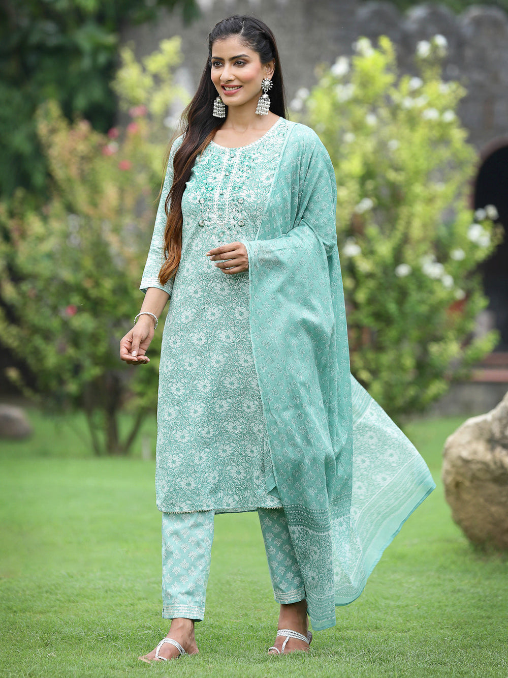Juniper Women's Blue Cotton Cambric Festive Printed Kurta Set | Grocsy