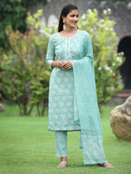 Juniper Women's Blue Cotton Cambric Festive Printed Kurta Set | Grocsy