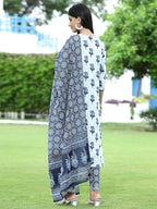 Juniper Women's Blue Cotton Cambric Festive Printed Kurta Set | Grocsy