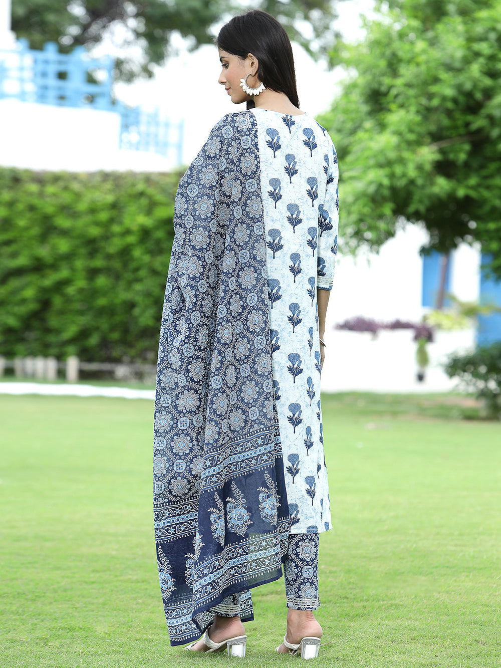 Juniper Women's Blue Cotton Cambric Festive Printed Kurta Set | Grocsy