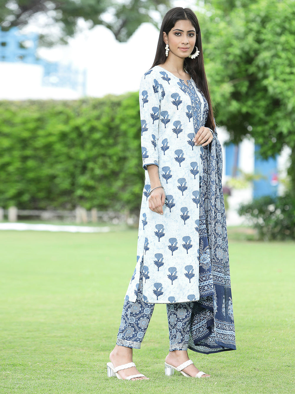 Juniper Women's Blue Cotton Cambric Festive Printed Kurta Set | Grocsy