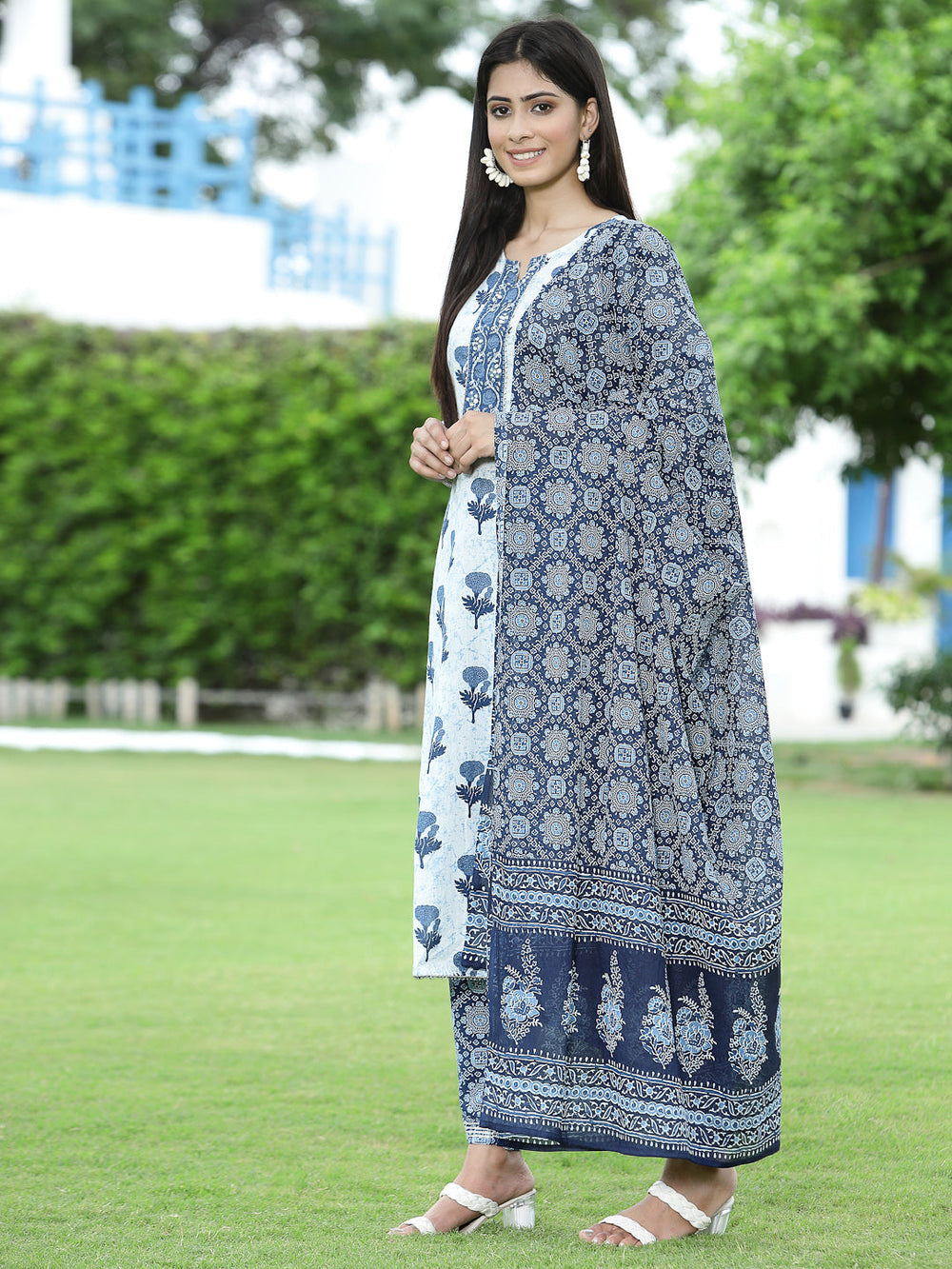 Juniper Women's Blue Cotton Cambric Festive Printed Kurta Set | Grocsy