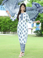 Juniper Women's Blue Cotton Cambric Festive Printed Kurta Set | Grocsy