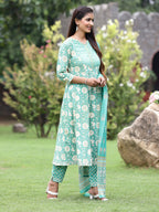 Juniper Women's Seagreen Cotton Cambric Festive Printed Kurta Set | Grocsy