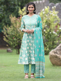 Juniper Women's Seagreen Cotton Cambric Festive Printed Kurta Set | Grocsy