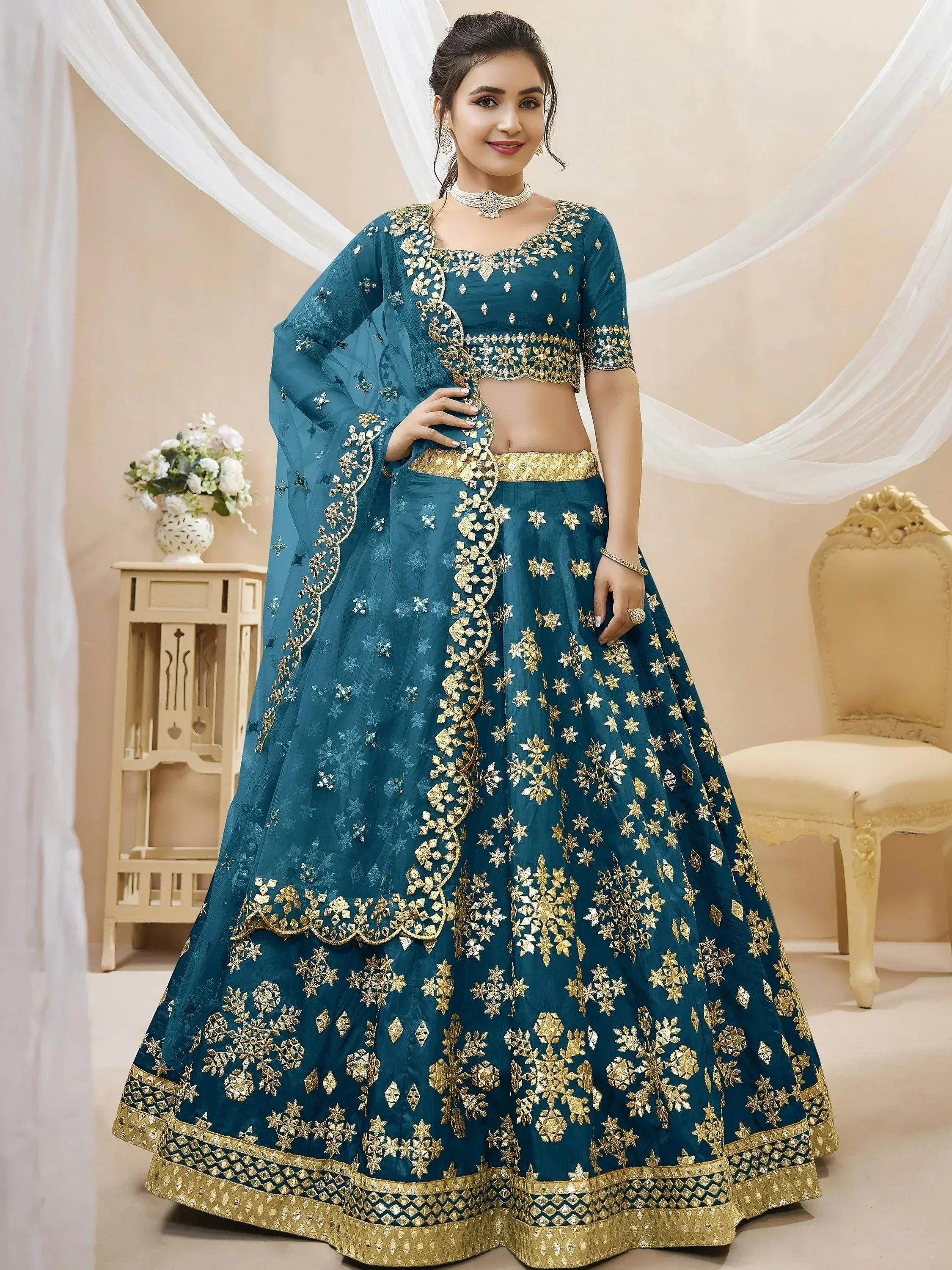 Tulsi Art Irresistible Blue Zari Work Art Silk Wedding Wear Lehenga Choli | Grocsy