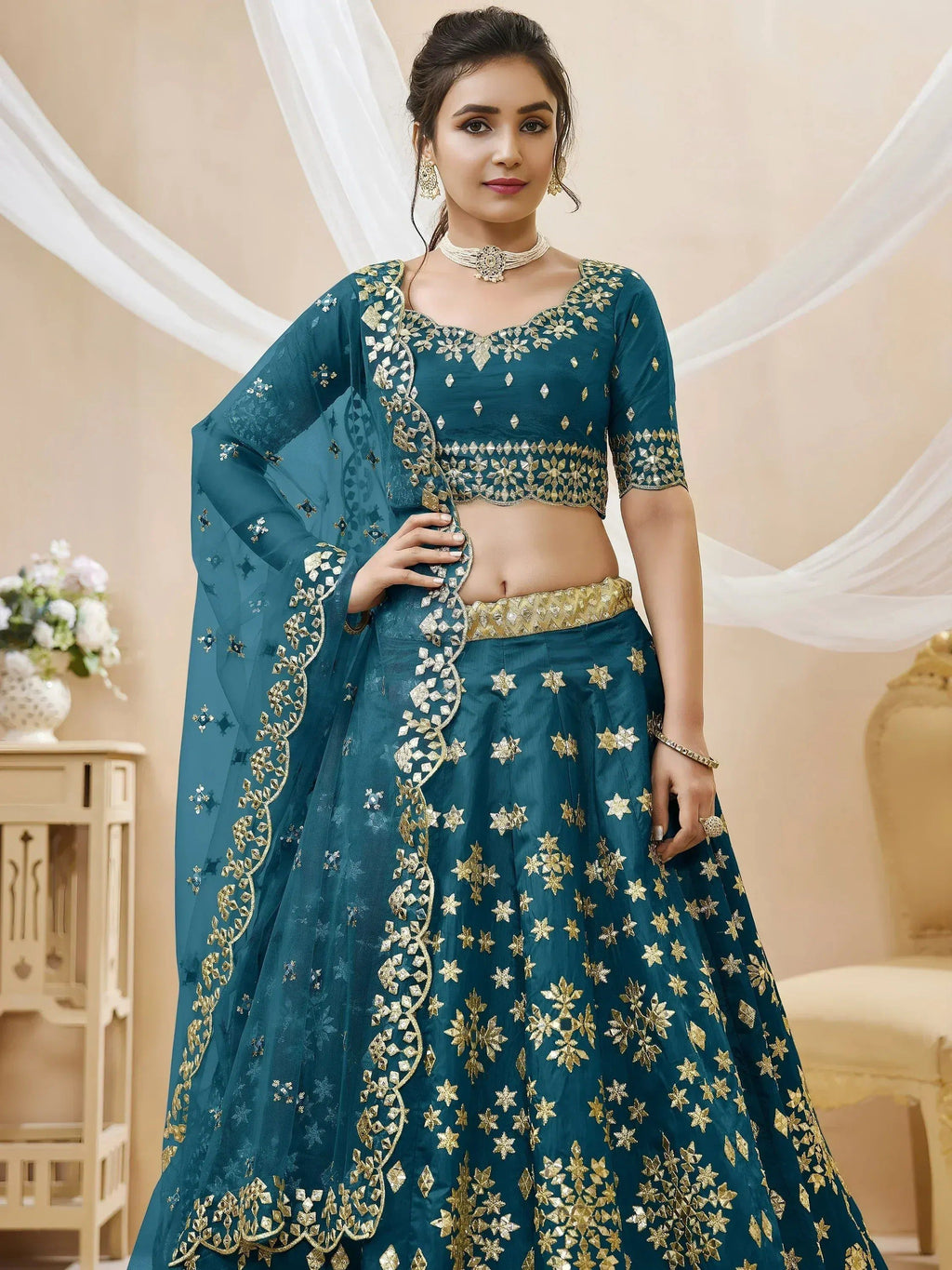 Tulsi Art Irresistible Blue Zari Work Art Silk Wedding Wear Lehenga Choli | Grocsy