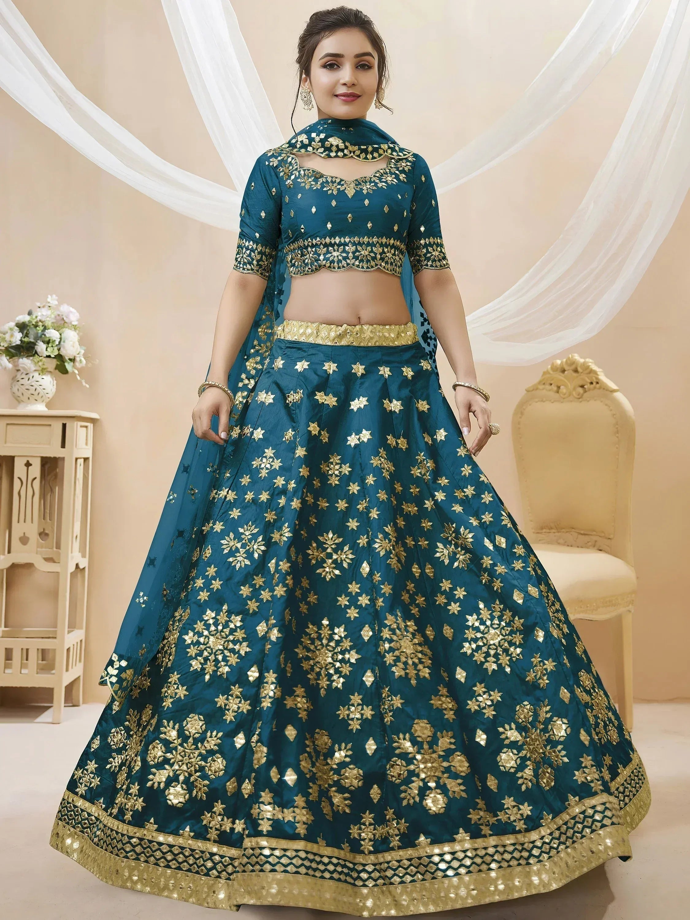 Tulsi Art Irresistible Blue Zari Work Art Silk Wedding Wear Lehenga Choli | Grocsy