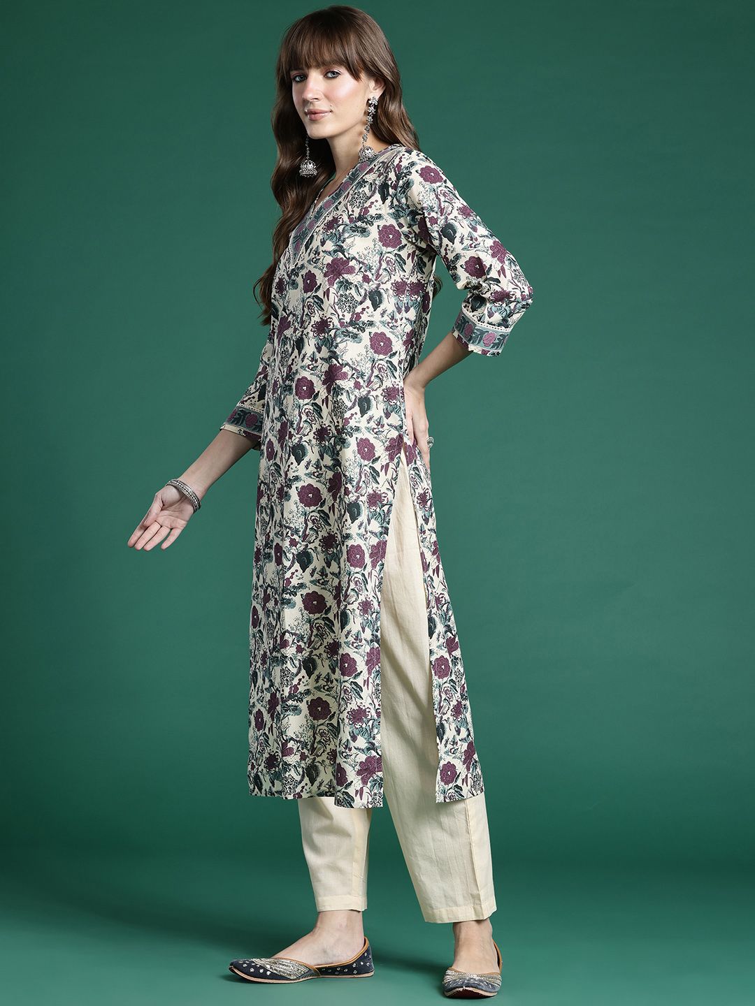 Indo Era Floral Printed Regular Pure Cotton Kurta with Trousers & Dupatta | Grocsy