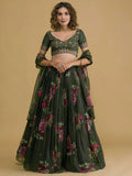 Tulsi Art Beautiful Green Floral Printed Organza Lehenga Choli With Dupatta | Grocsy