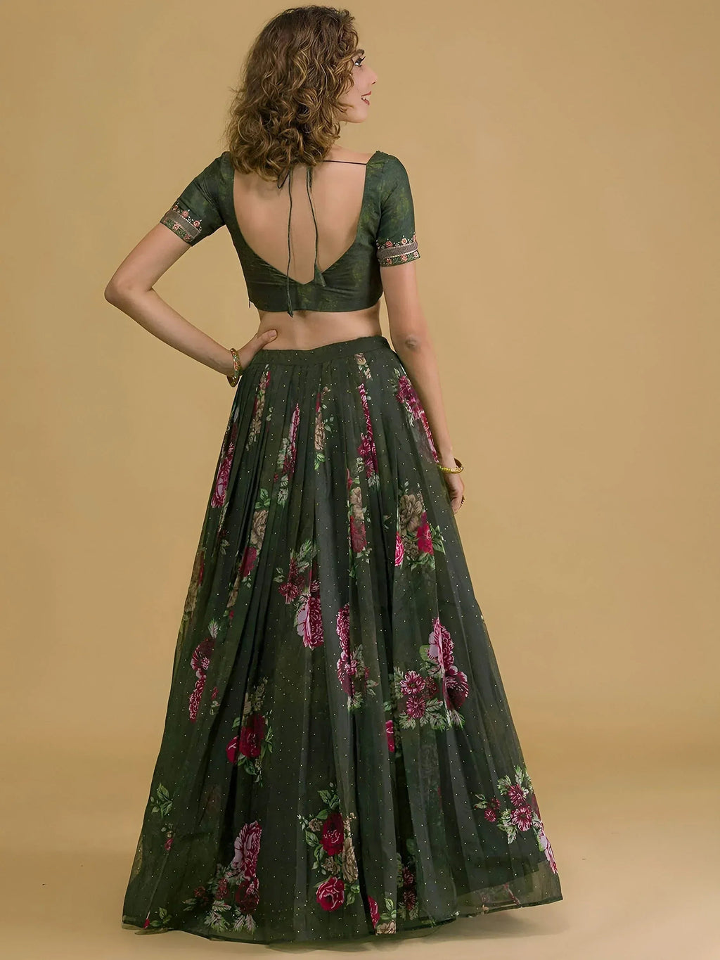 Tulsi Art Beautiful Green Floral Printed Organza Lehenga Choli With Dupatta | Grocsy