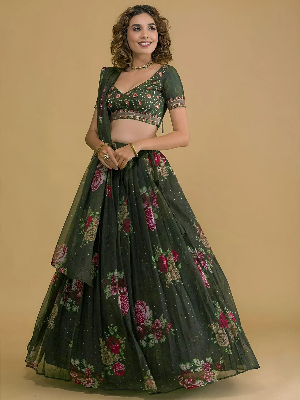 Tulsi Art Beautiful Green Floral Printed Organza Lehenga Choli With Dupatta | Grocsy