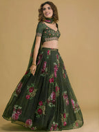 Tulsi Art Beautiful Green Floral Printed Organza Lehenga Choli With Dupatta | Grocsy
