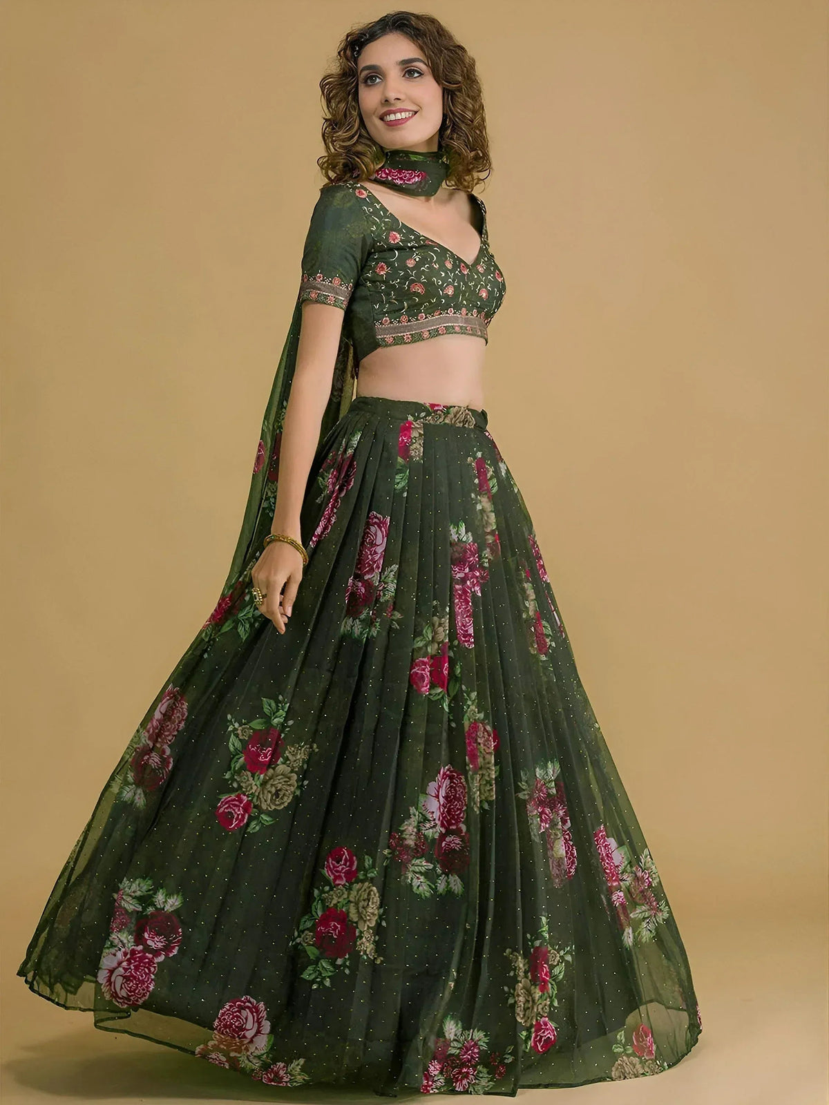 Tulsi Art Beautiful Green Floral Printed Organza Lehenga Choli With Dupatta | Grocsy