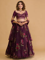 Tulsi Art Stunning Wine Floral Digital Organza Festival Wear Lehenga Choli | Grocsy