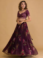 Tulsi Art Stunning Wine Floral Digital Organza Festival Wear Lehenga Choli | Grocsy
