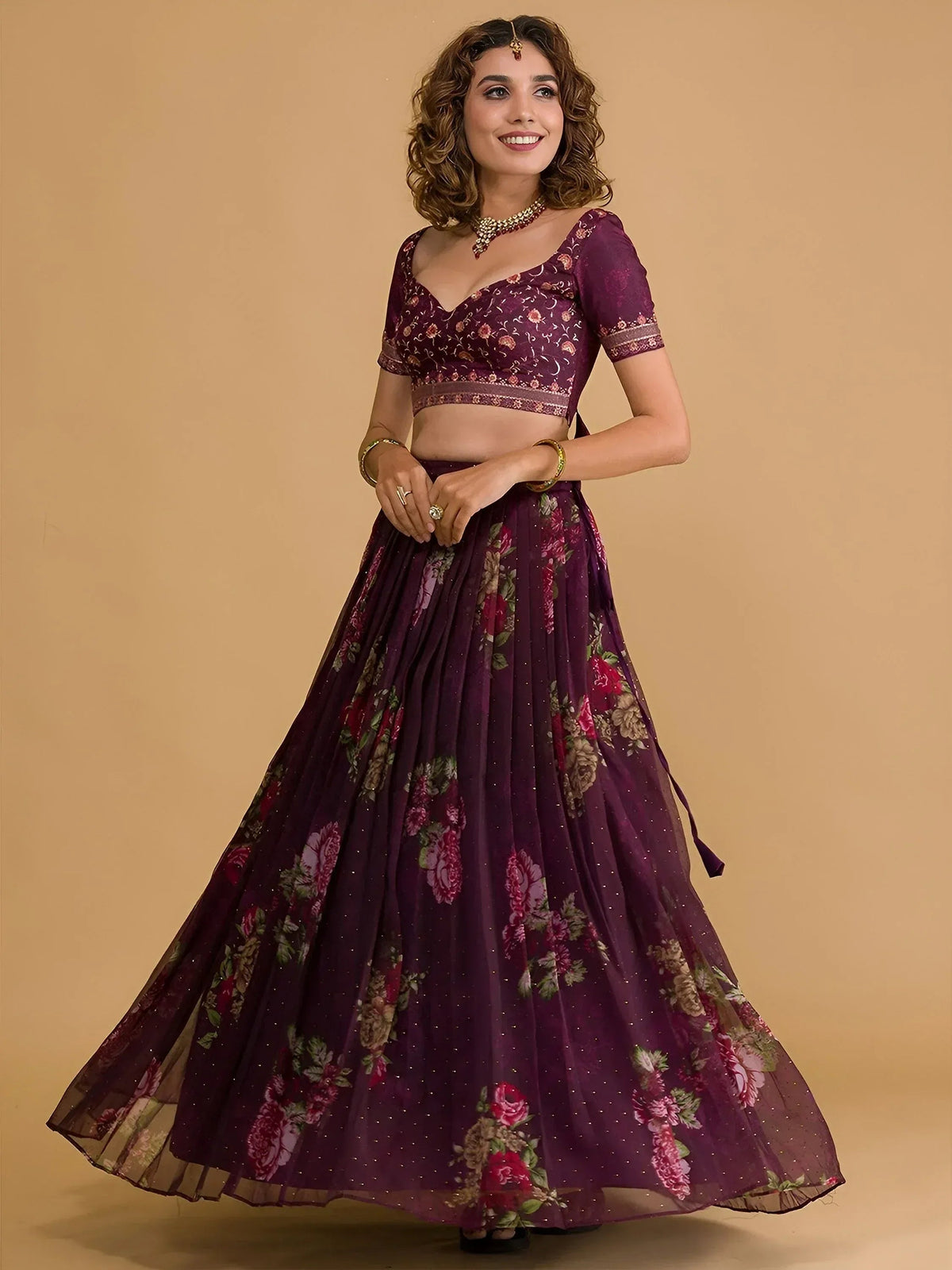 Tulsi Art Stunning Wine Floral Digital Organza Festival Wear Lehenga Choli | Grocsy