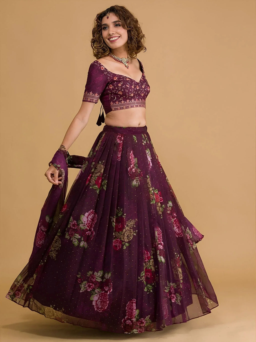Tulsi Art Stunning Wine Floral Digital Organza Festival Wear Lehenga Choli | Grocsy