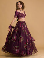 Tulsi Art Stunning Wine Floral Digital Organza Festival Wear Lehenga Choli | Grocsy