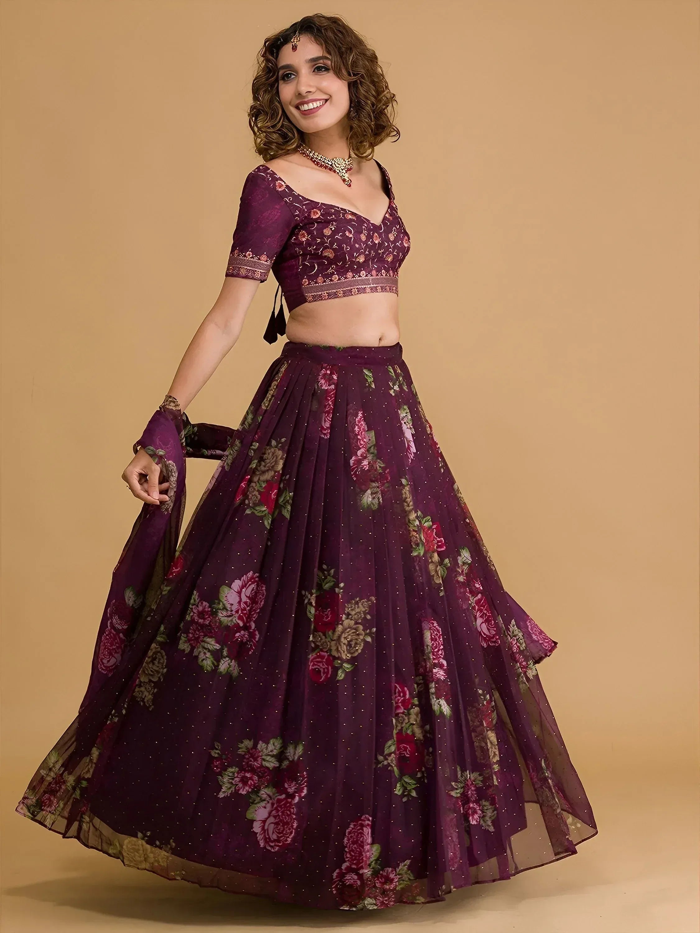Tulsi Art Stunning Wine Floral Digital Organza Festival Wear Lehenga Choli | Grocsy