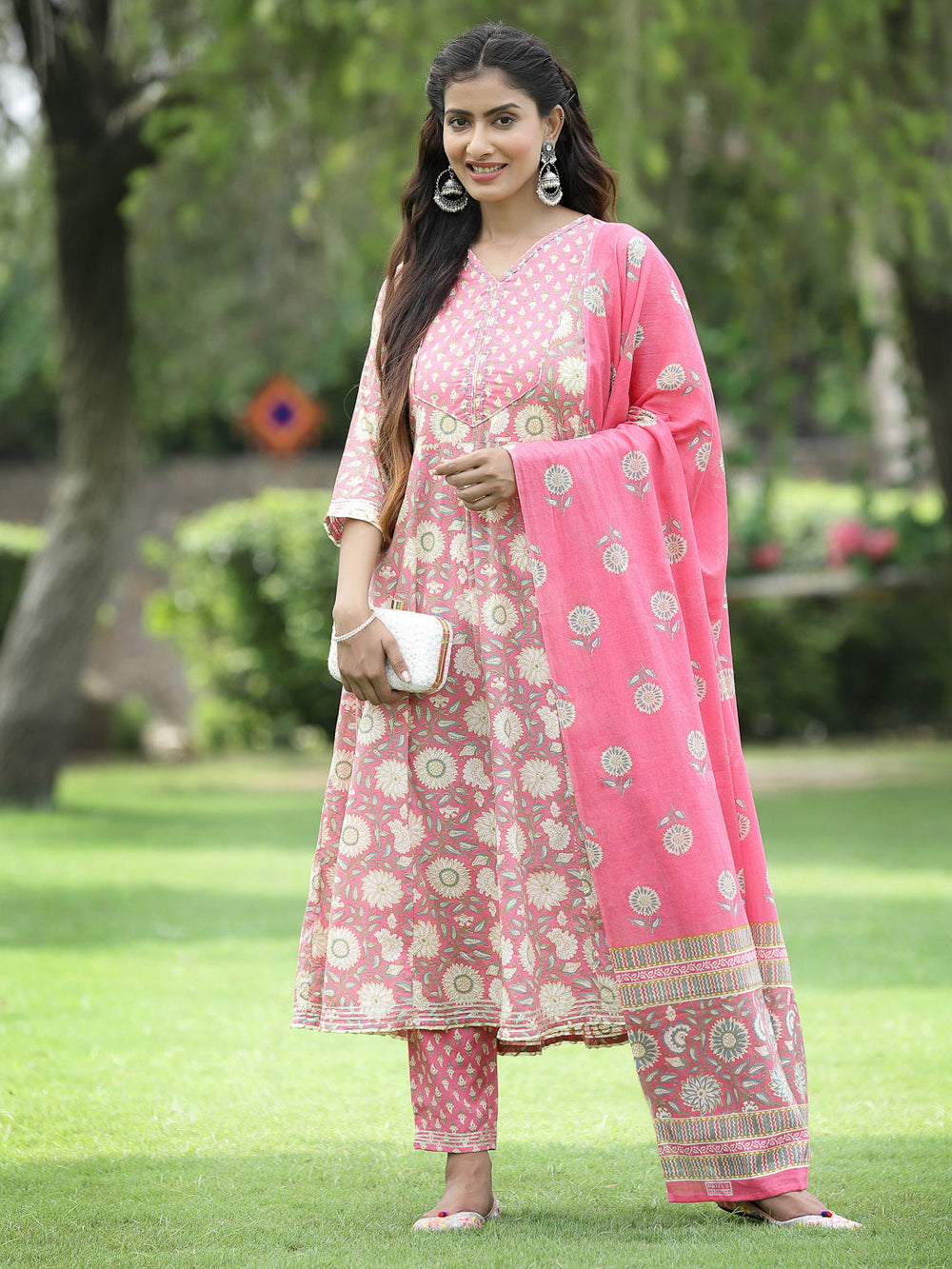 Juniper Women's PInk Cotton Cambric Festive Printed Kurta Set | Grocsy