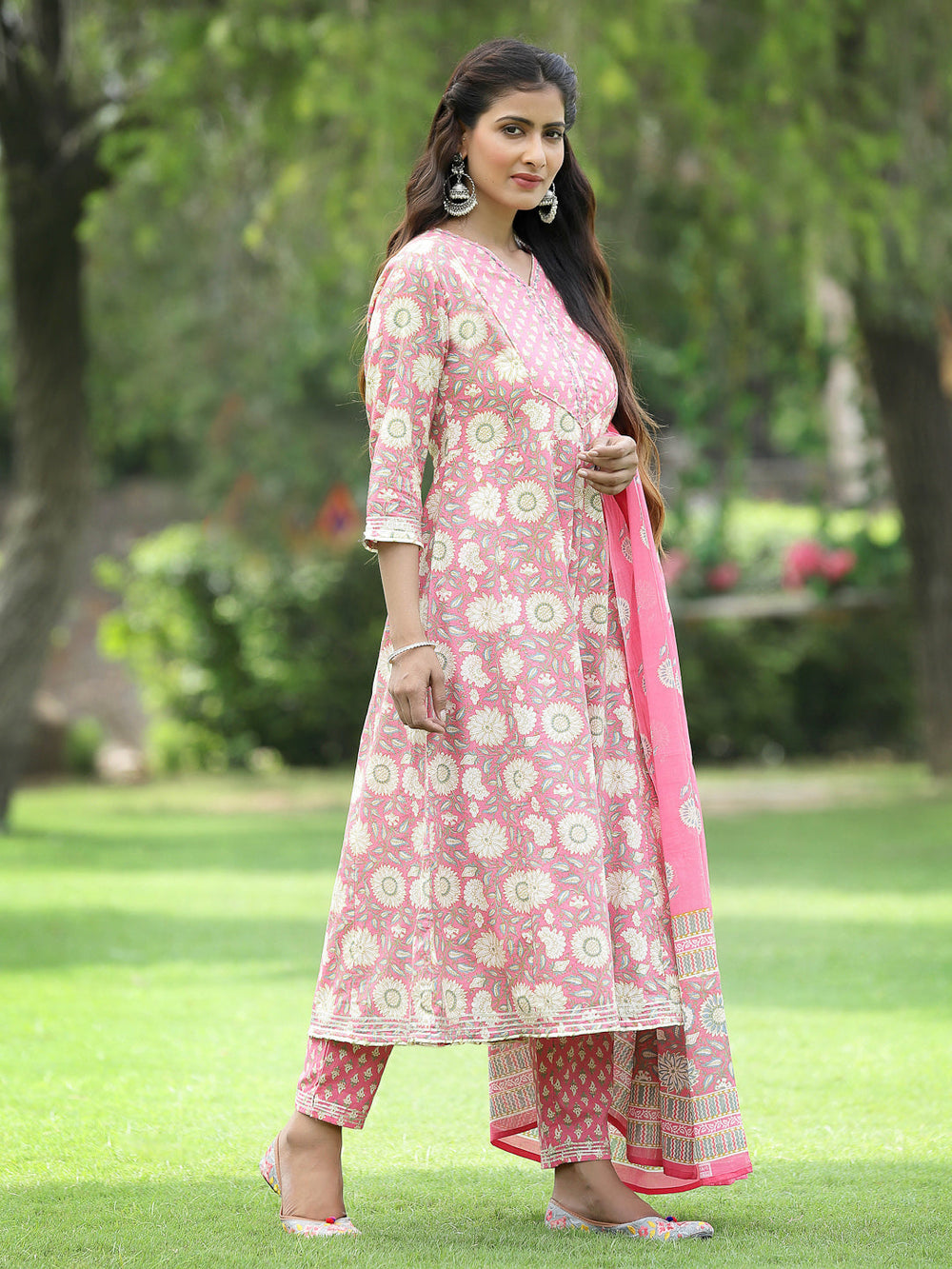 Juniper Women's PInk Cotton Cambric Festive Printed Kurta Set | Grocsy