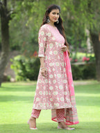 Juniper Women's PInk Cotton Cambric Festive Printed Kurta Set | Grocsy