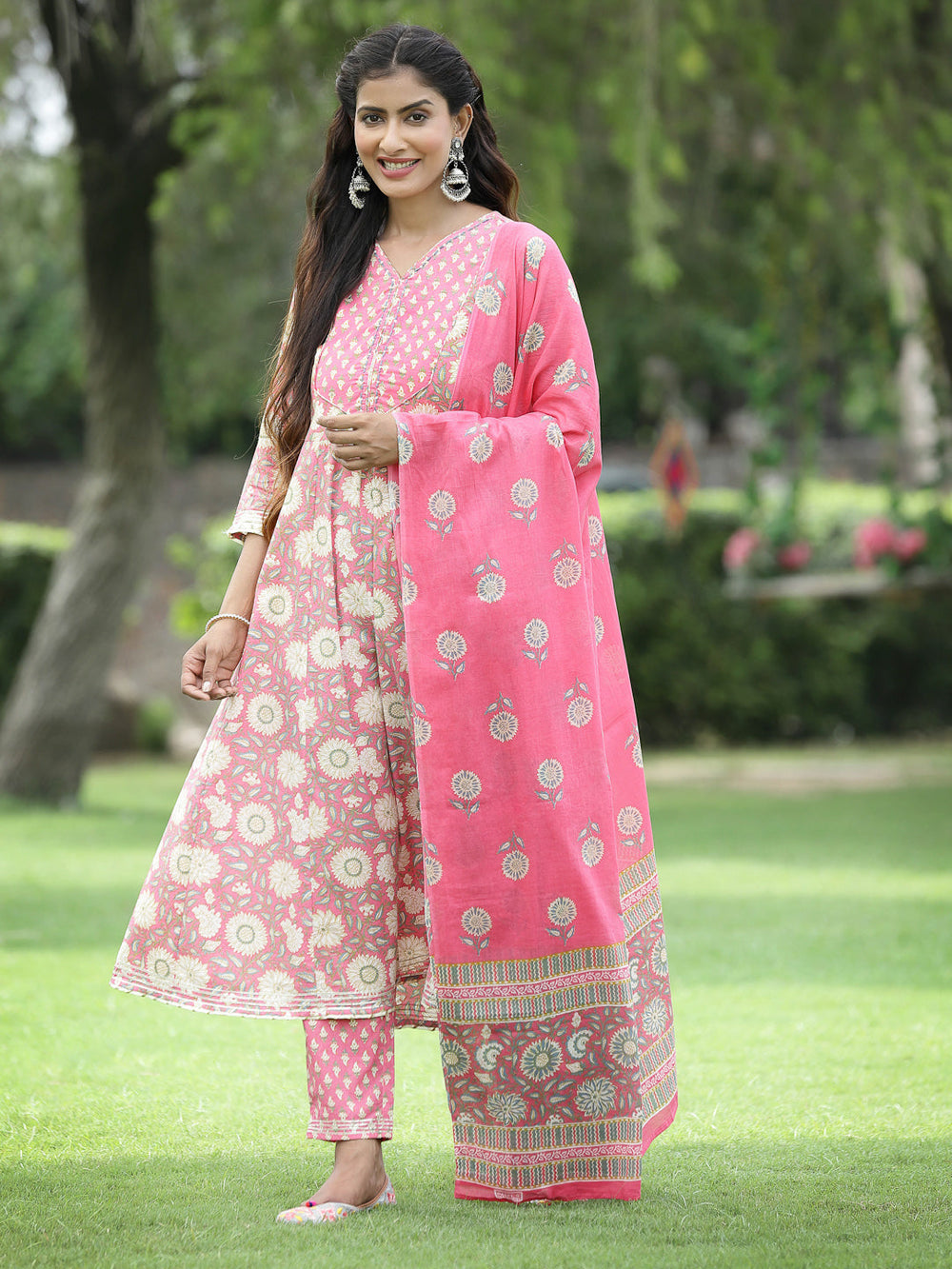 Juniper Women's PInk Cotton Cambric Festive Printed Kurta Set | Grocsy