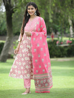 Juniper Women's PInk Cotton Cambric Festive Printed Kurta Set | Grocsy