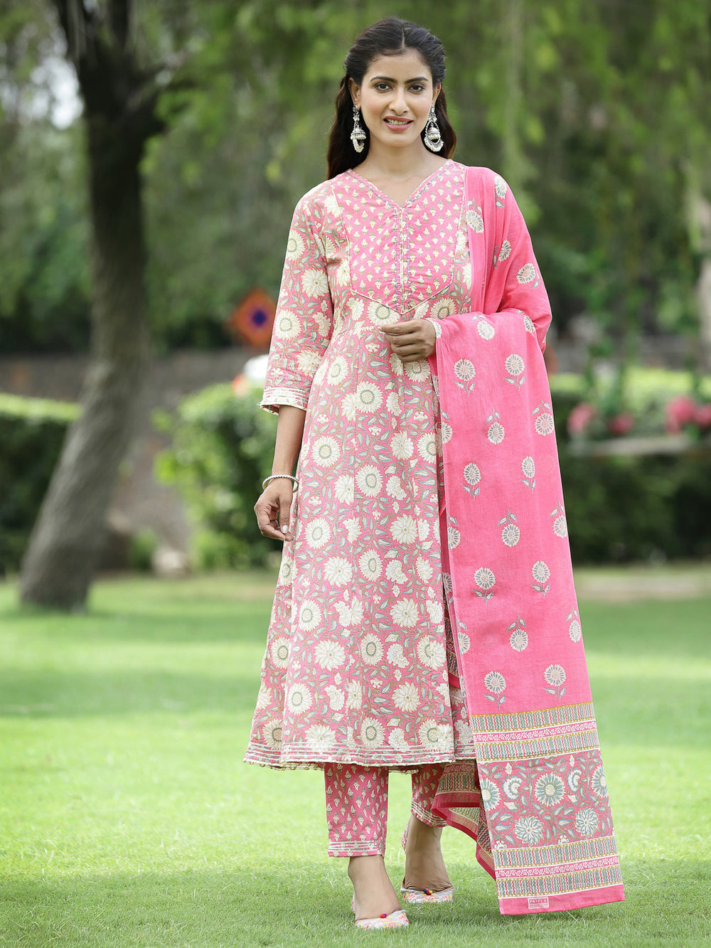 Juniper Women's PInk Cotton Cambric Festive Printed Kurta Set | Grocsy