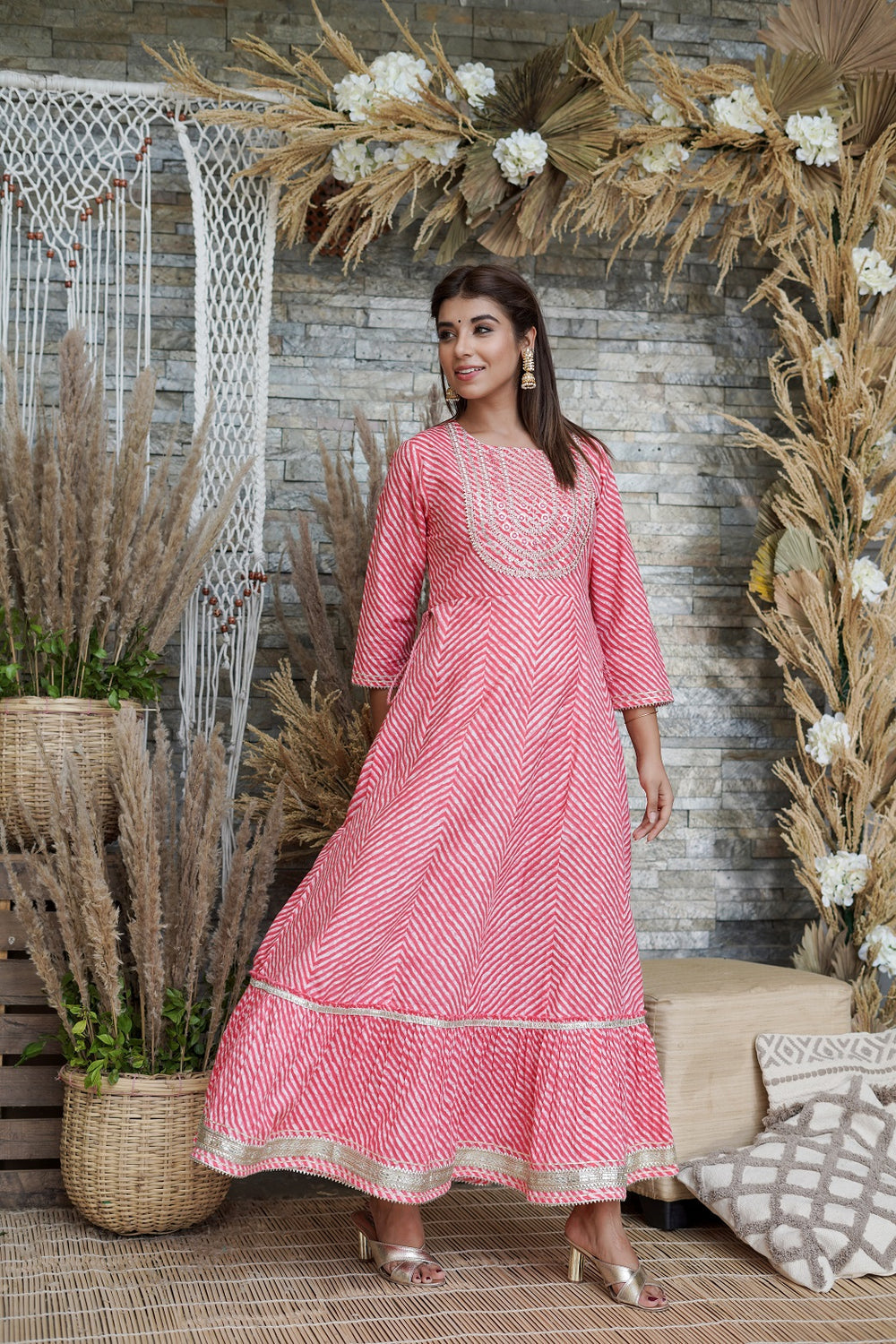 Juniper Women's Pink Printed Flared Cotton Cambric Dress | Grocsy