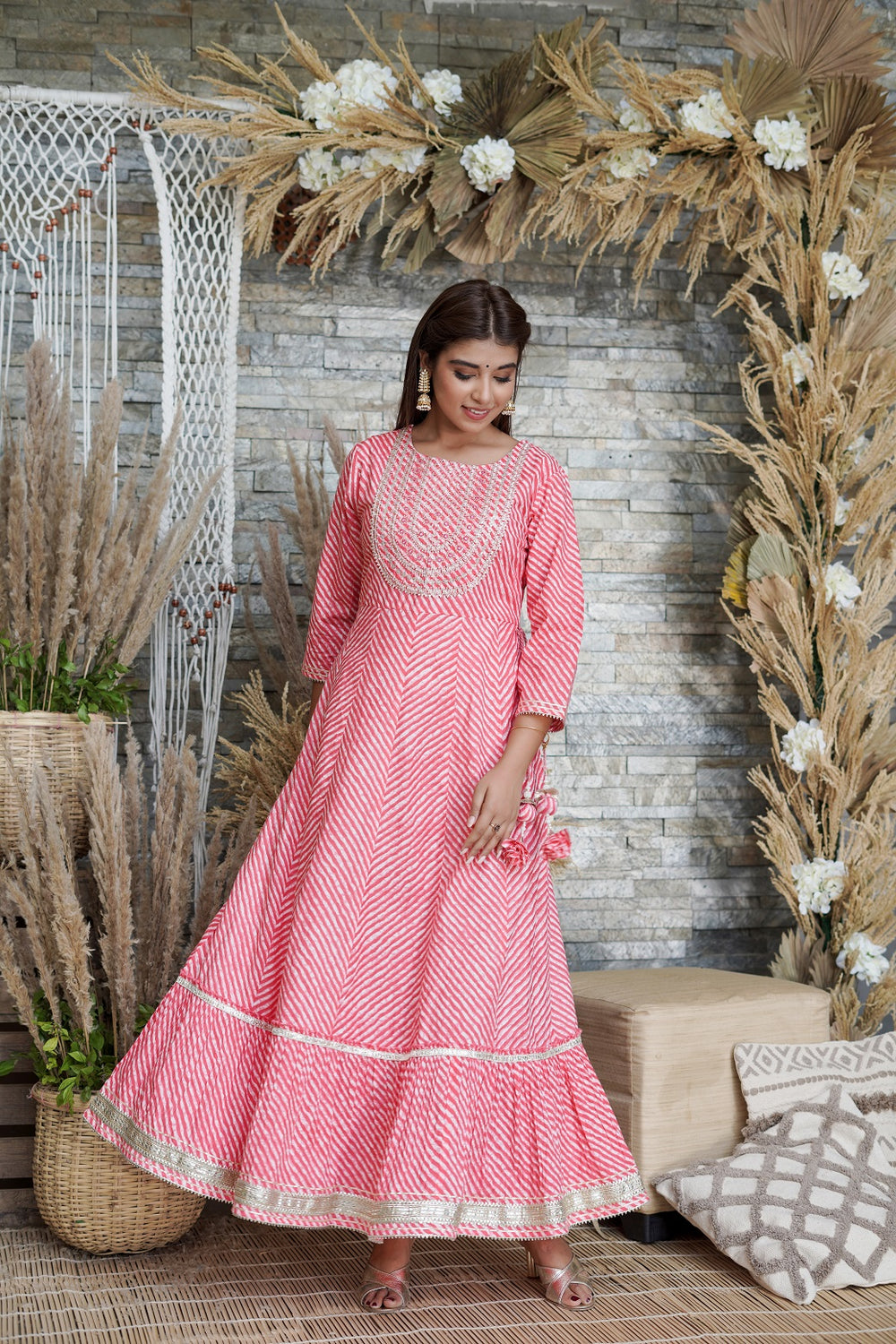 Juniper Women's Pink Printed Flared Cotton Cambric Dress | Grocsy