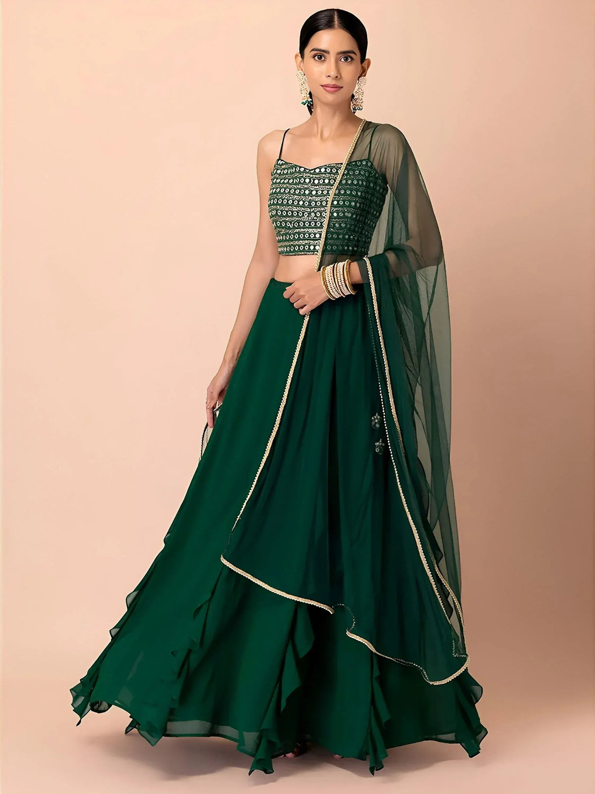 Tulsi Art Beautiful Green Georgette Mehendi Wear Lehenga With Sequins Choli | Grocsy