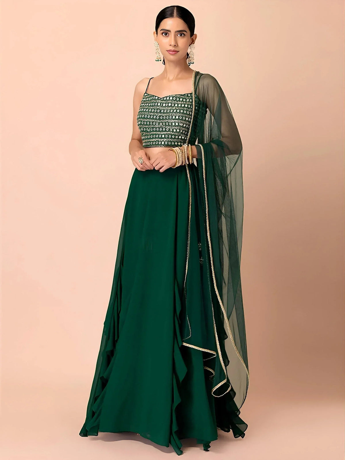 Tulsi Art Beautiful Green Georgette Mehendi Wear Lehenga With Sequins Choli | Grocsy
