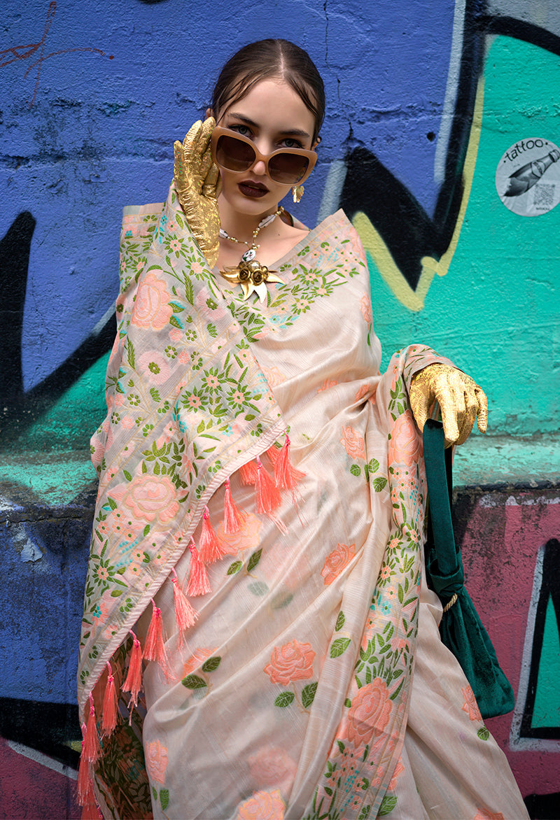 Monjolika Fashion Handloom Weaving Ethnic Saree In Cream | Grocsy