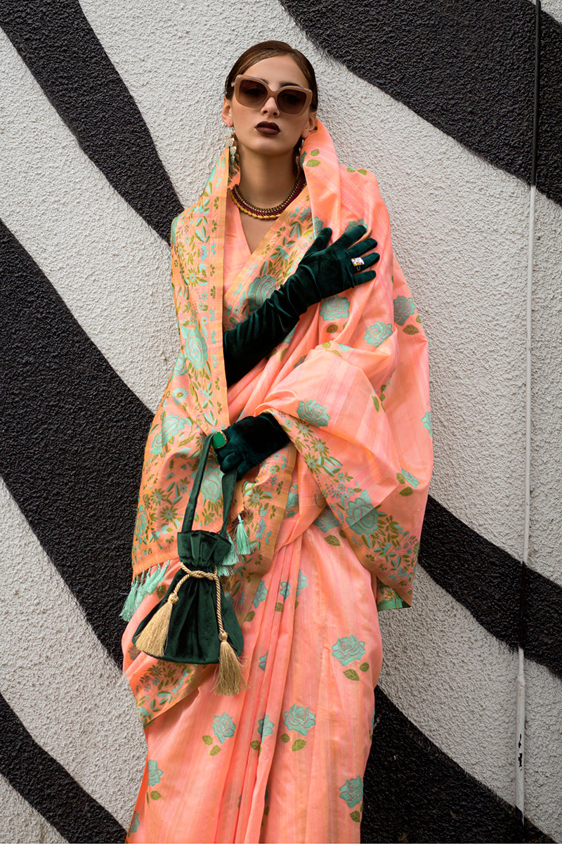 Monjolika Fashion Handloom Weaving Ethnic Saree In Peach | Grocsy