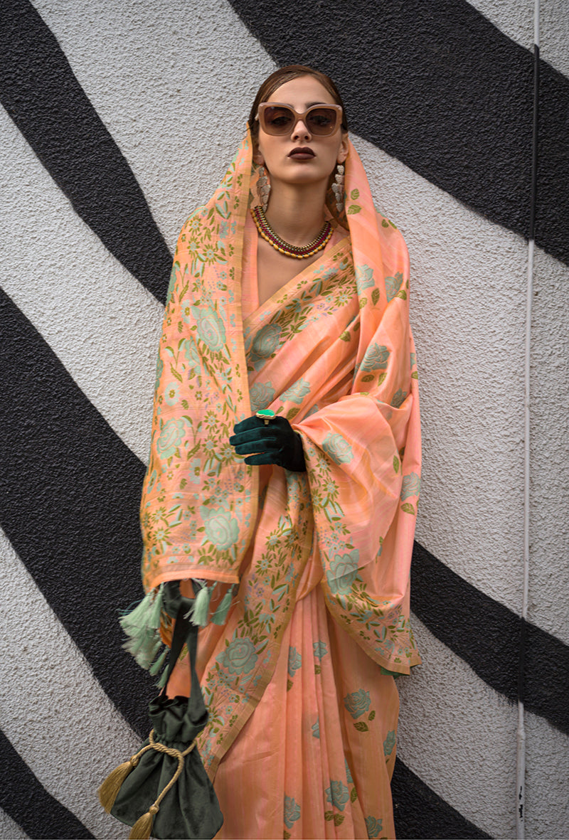 Monjolika Fashion Handloom Weaving Ethnic Saree In Peach | Grocsy