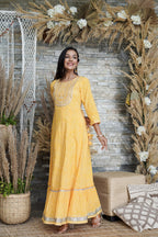 Juniper Women's Yellow Printed Flared Cotton Cambric Dress | Grocsy