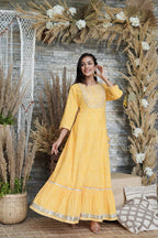 Juniper Women's Yellow Printed Flared Cotton Cambric Dress | Grocsy