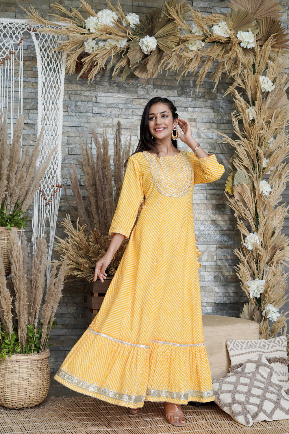 Juniper Women's Yellow Printed Flared Cotton Cambric Dress | Grocsy