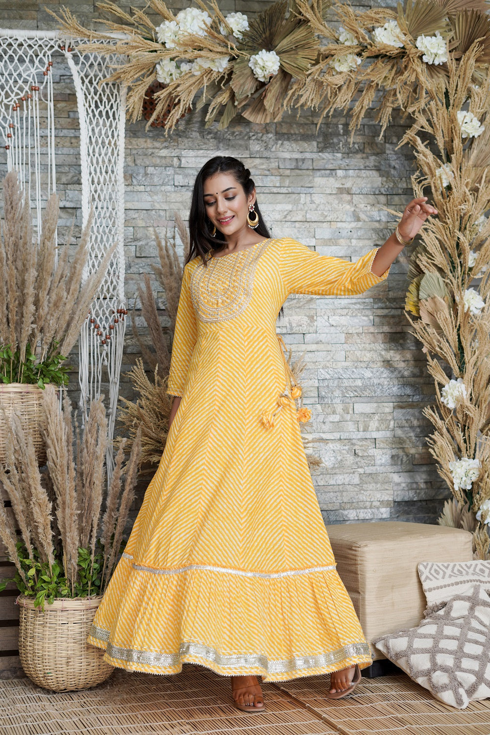 Juniper Women's Yellow Printed Flared Cotton Cambric Dress | Grocsy
