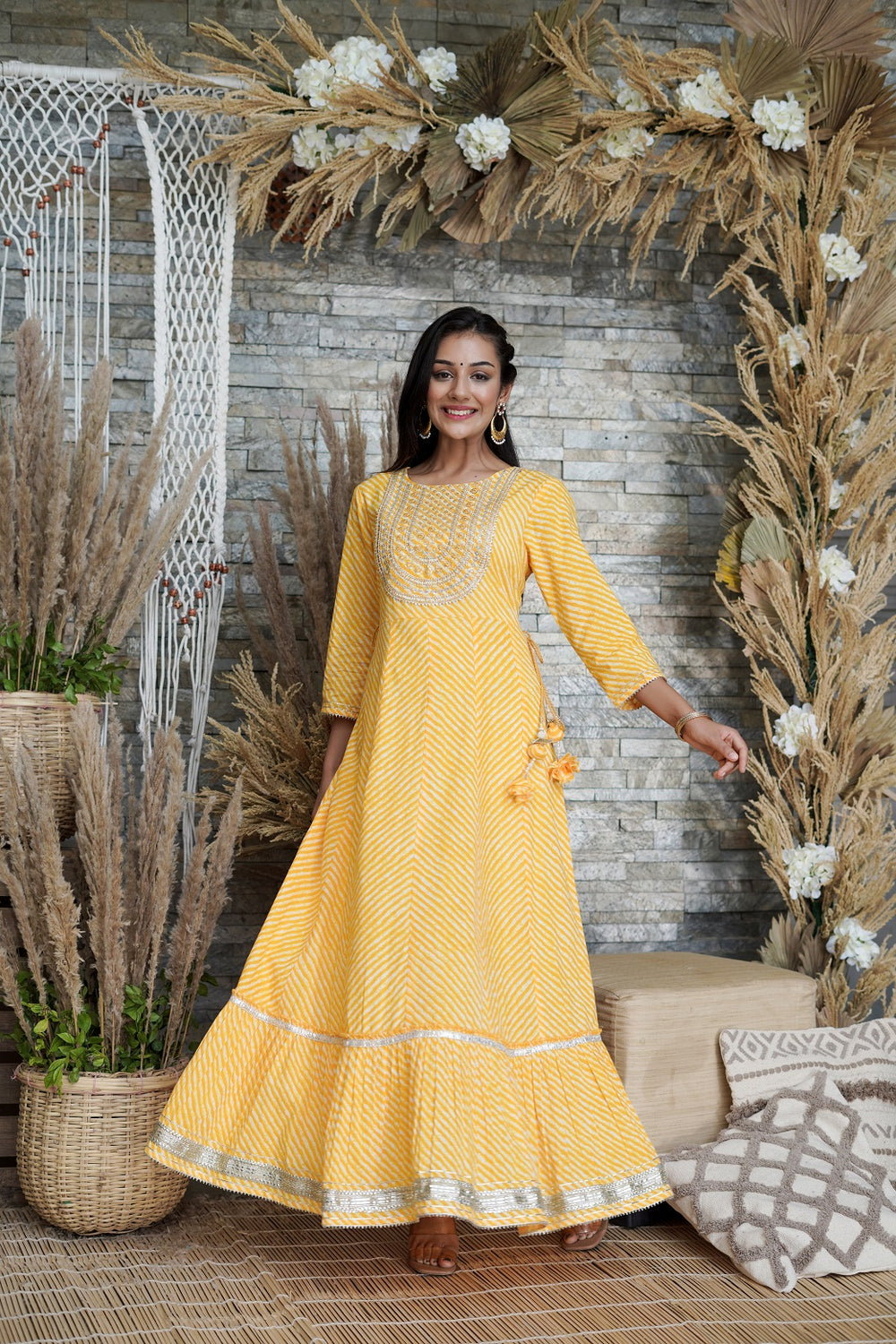 Juniper Women's Yellow Printed Flared Cotton Cambric Dress | Grocsy