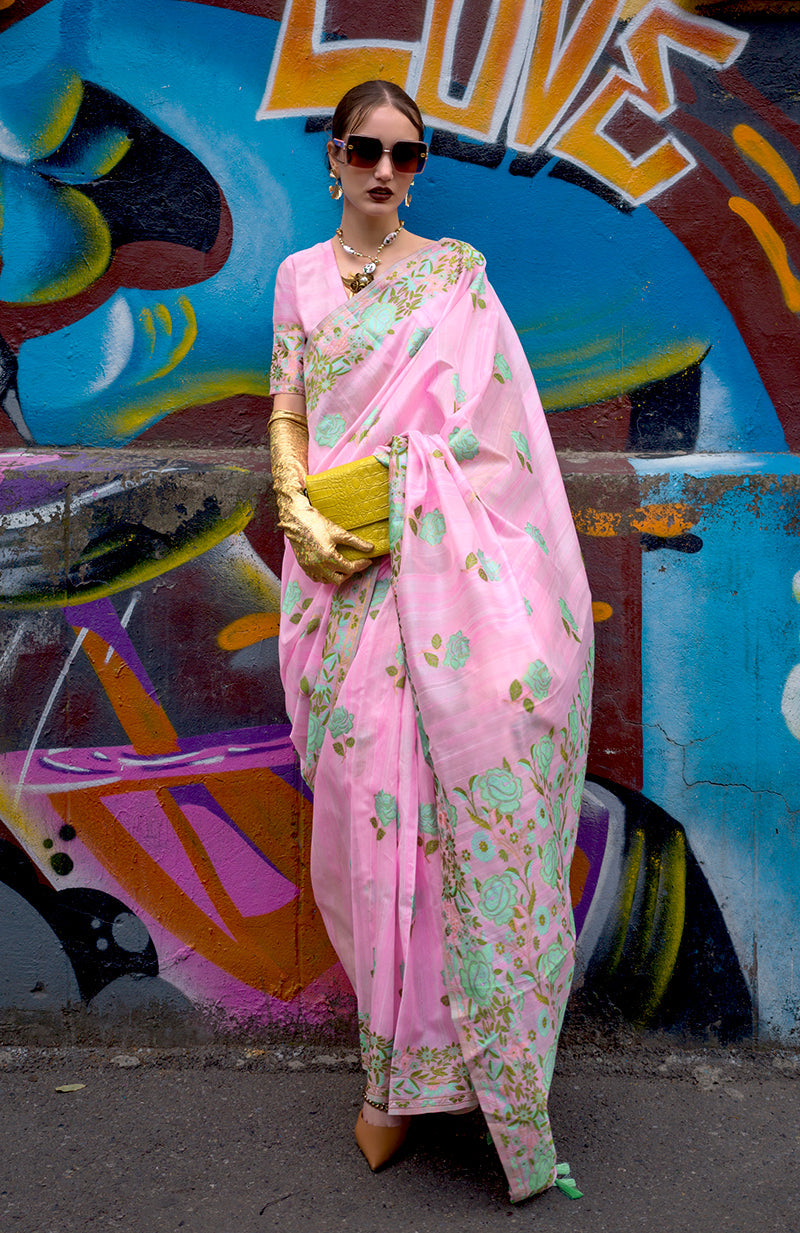Monjolika Fashion Handloom Weaving Ethnic Saree In Pink | Grocsy