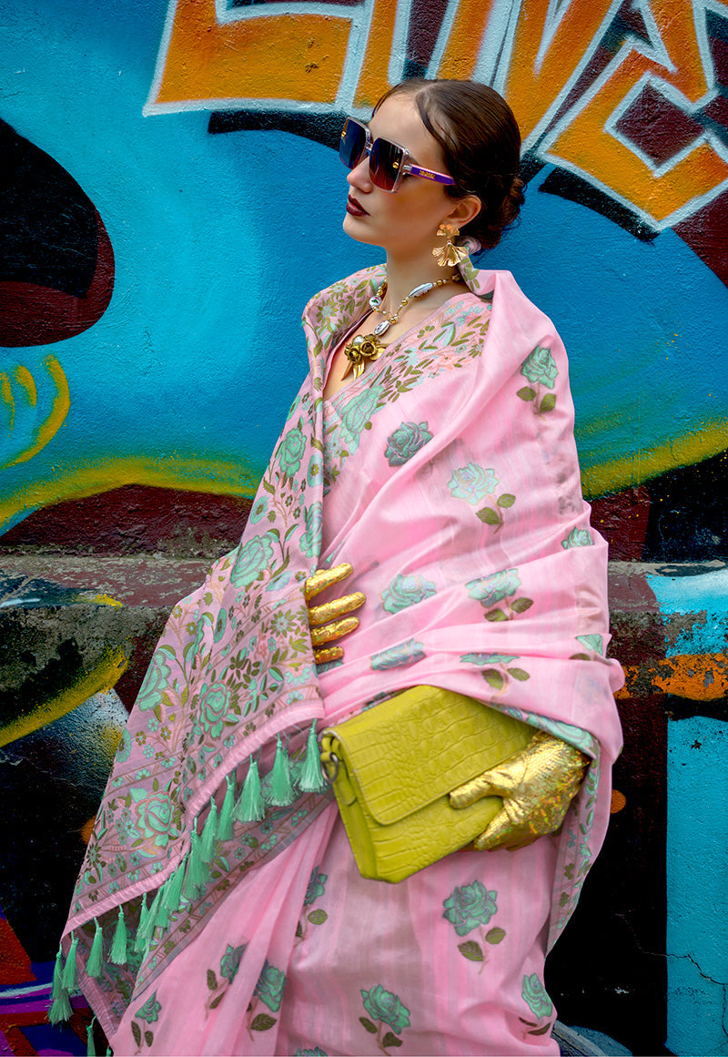 Monjolika Fashion Handloom Weaving Ethnic Saree In Pink | Grocsy