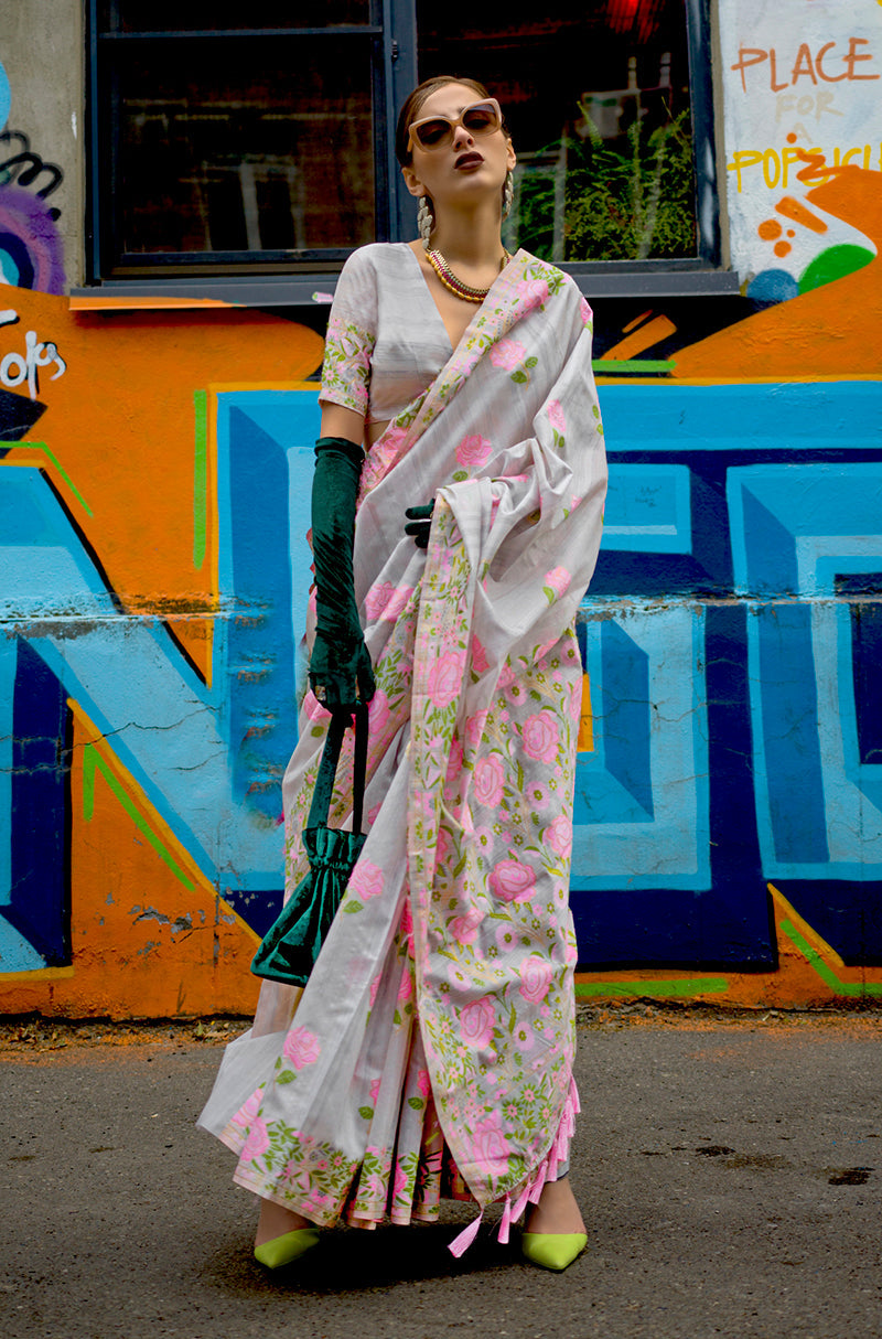 Monjolika Fashion Handloom Weaving Ethnic Saree In Grey | Grocsy